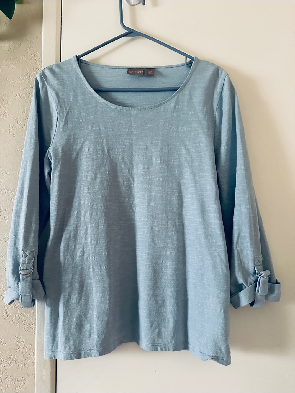 Chico's Blouse- Size Small ( 1) Scoop neck blue- Roll Up Sleeves- NWOT